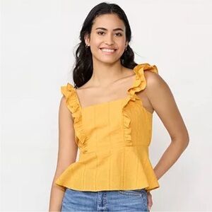 NWT LAUREN CONRAD RUFFLE PEPLUM TANK, Amber Rose/Gold Color, Size Medium